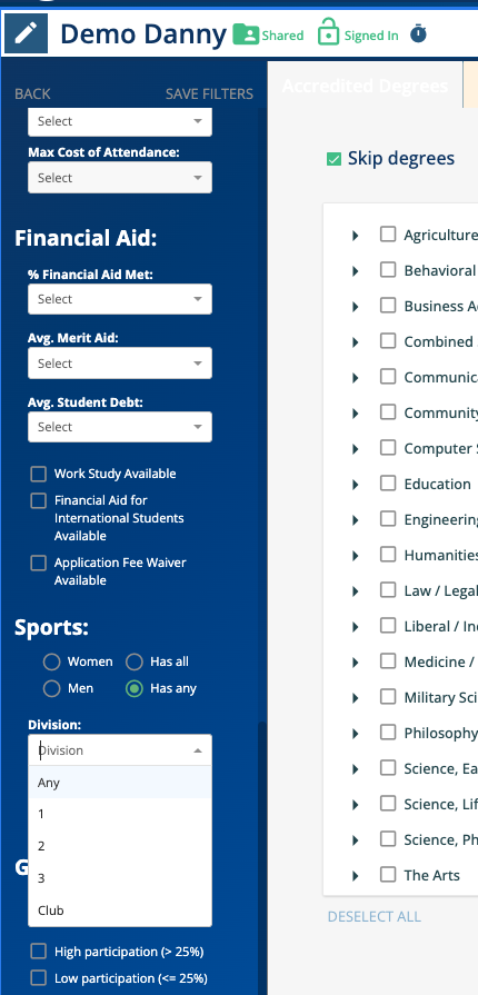 search sports division filters