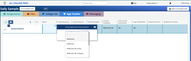 Student Update App tracker with application outcomes